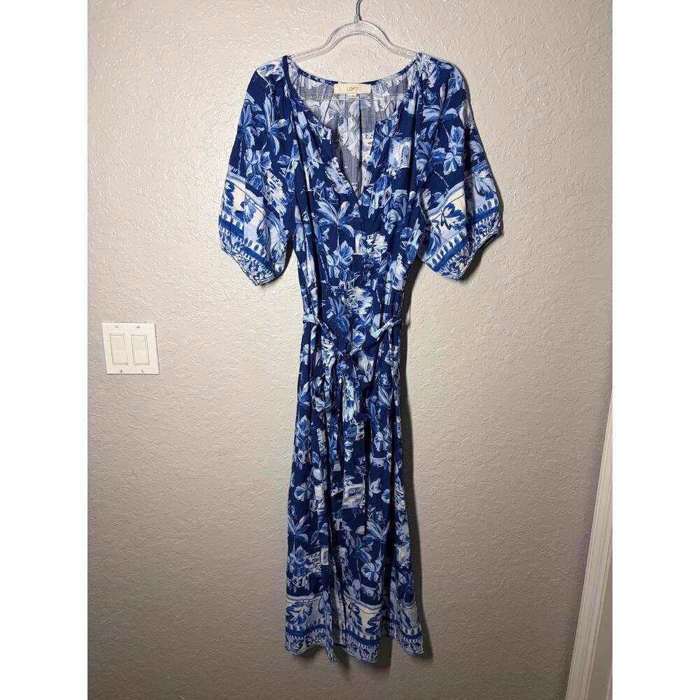 LOFT Corfu Weekend Puff Sleeve Midi Dress Hawaiian Vacation Beachy Boho M - Picture 2 of 9
